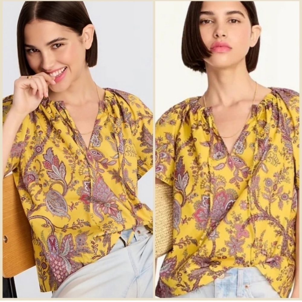 JCREW Collection Tie Neck Poplin Ratti Golden Paisley Top